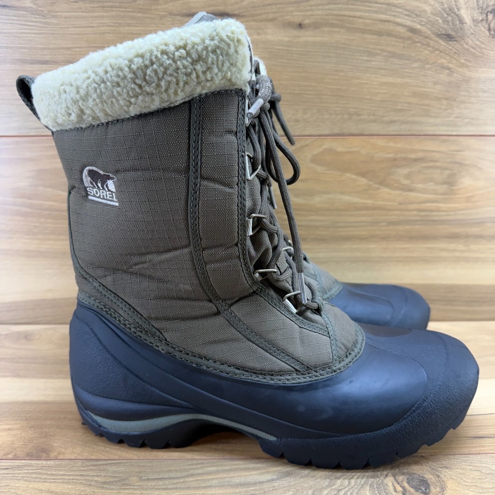 Sorel Cumberland Snow Boots Womens 11 Olive Green Black Faux Sherpa Gorpcore
